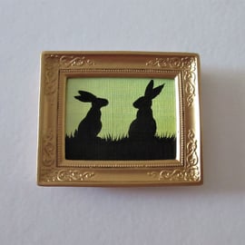 Doll House Miniature Original Painting Framed with Bunny Silhouette Rabbit 