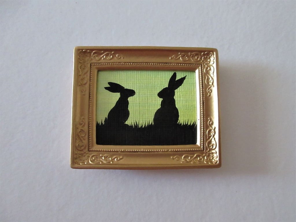 Doll House Miniature Original Painting Framed with Bunny Silhouette Rabbit 