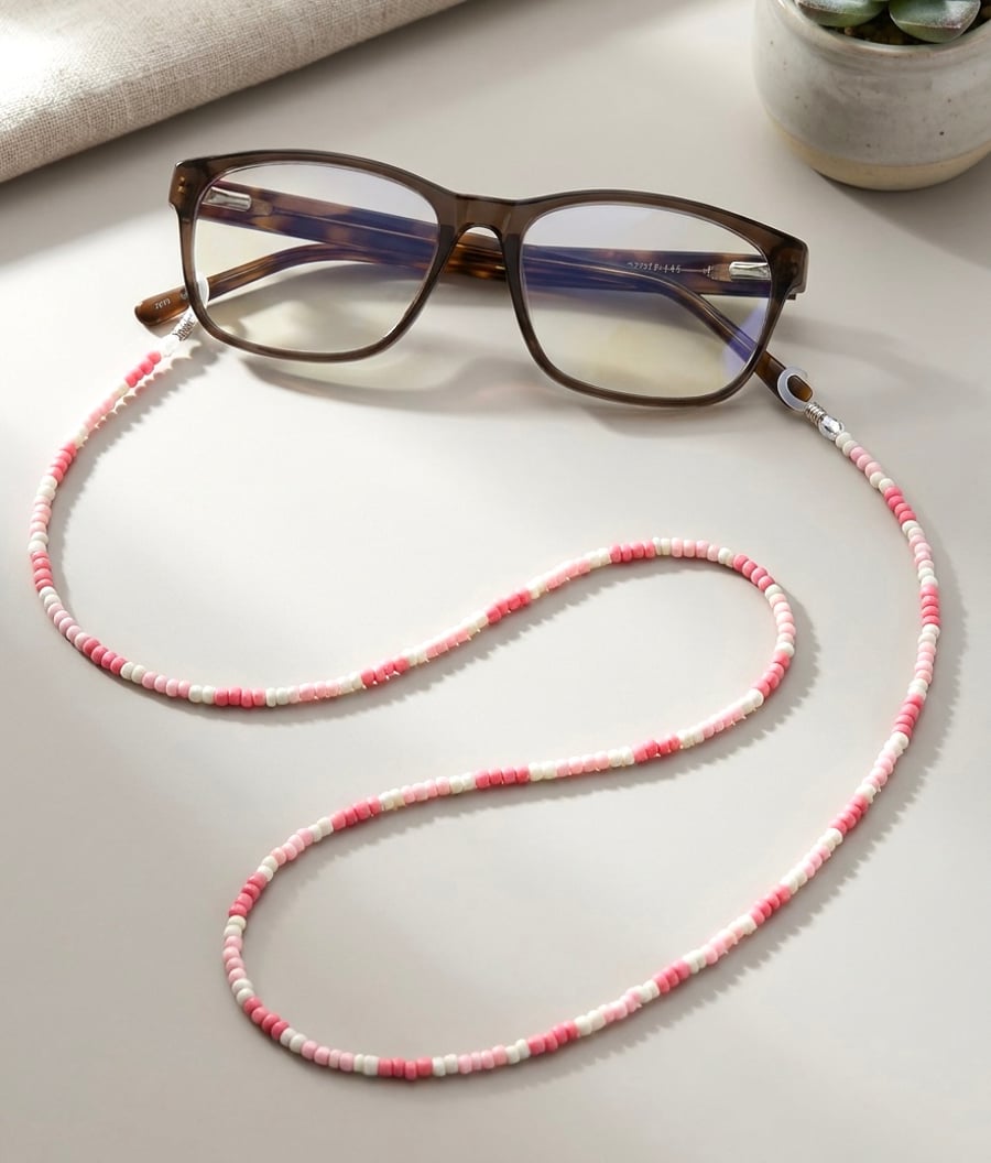 Pink and White Handmade Seed Bead Glasses Chain