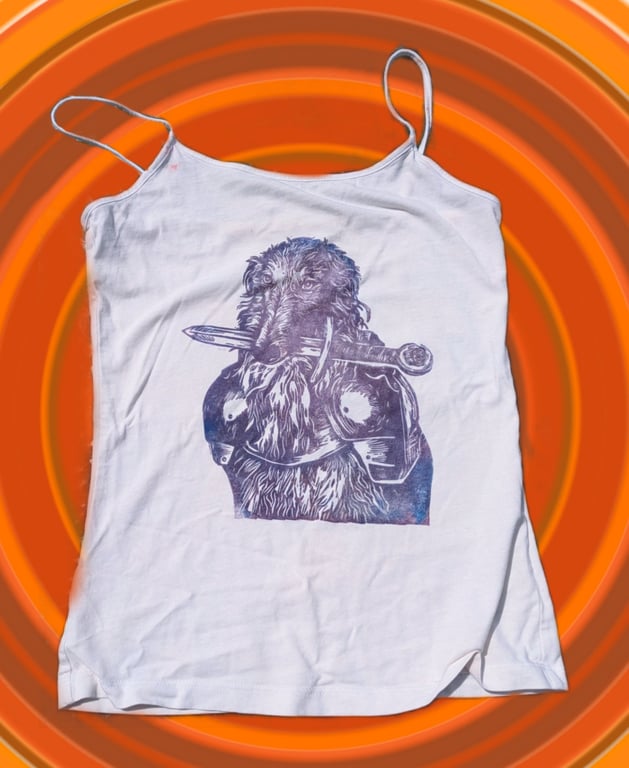 upcycled lino print borzoi medieval knight tank top sized small 