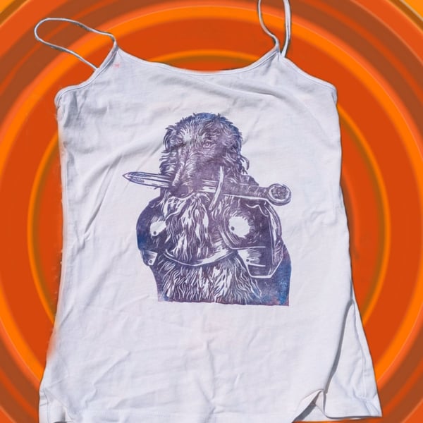 upcycled lino print borzoi medieval knight tank top sized small 