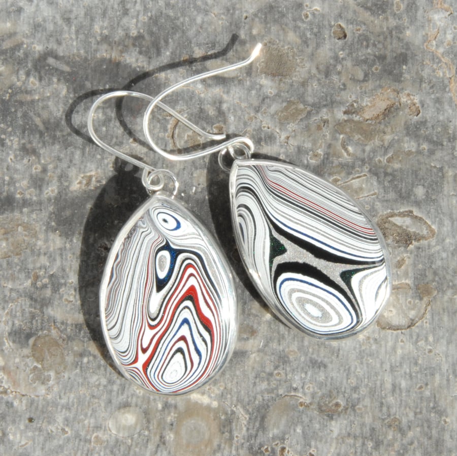 Swirly fordite and silver earrings