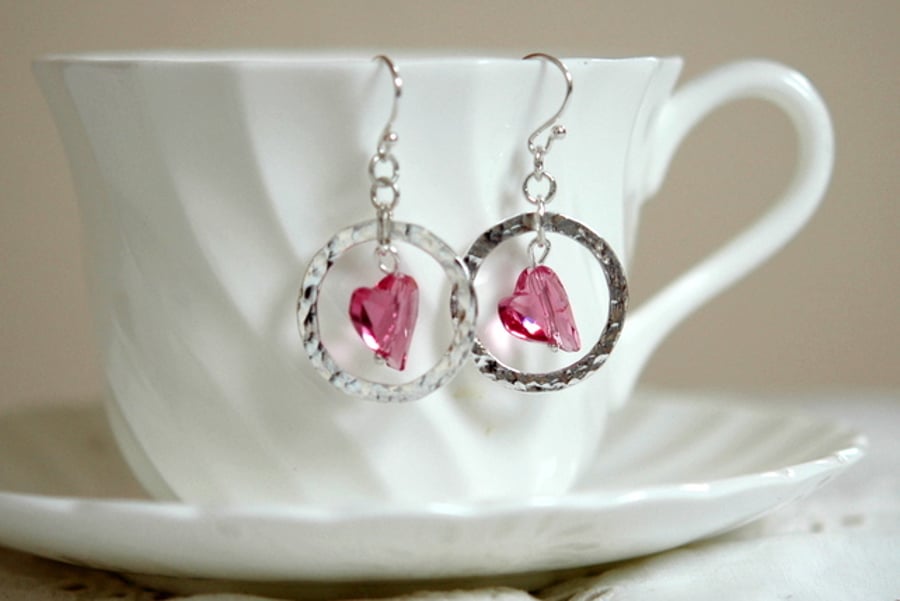 Sterling Silver Drop Earrings with  Pink Swarovski Crystal Hearts