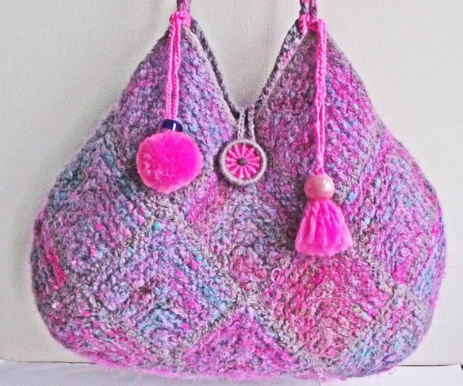 Crossbody or Shoulder Bag, Boho Bag, Purse, Pink, Grey, Blue, Handspun, Knitted