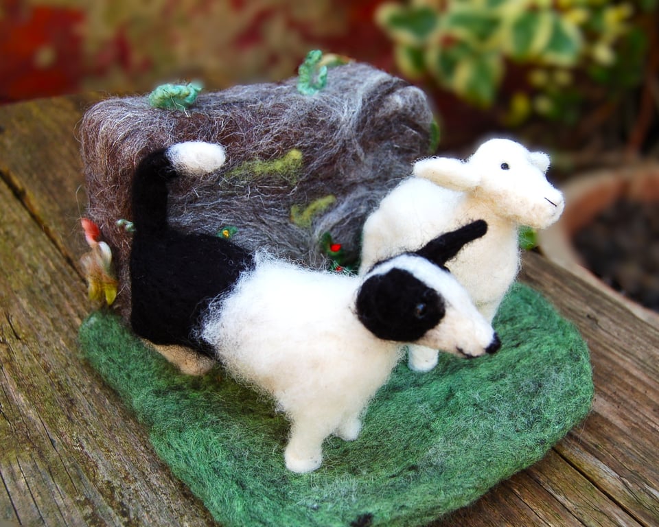 Needle felt Sheepdog and Lamb Sculpture, border collie, fibre art