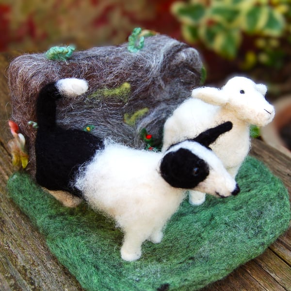 Needle felt Sheepdog and Lamb Sculpture, border collie, fibre art