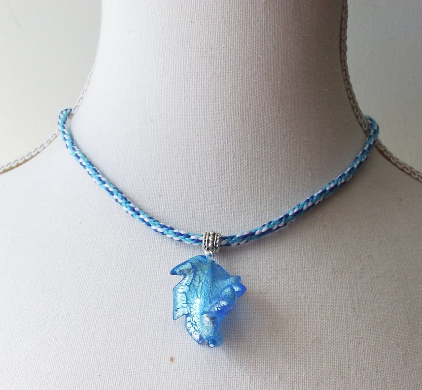 Handmade Necklace, Kumihimo Braid and Blue Murano Glass Bead