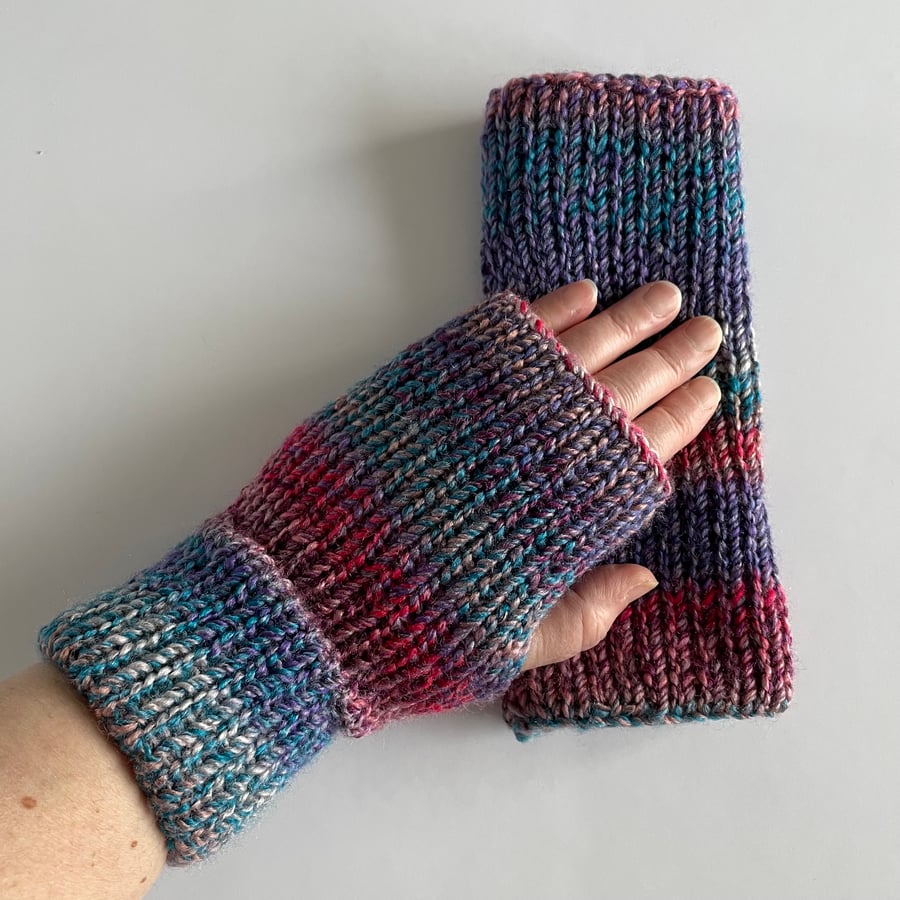 Multicoloured Knitted Fingerless Gloves, handmade wrist warmers, FREE DELIVERY 