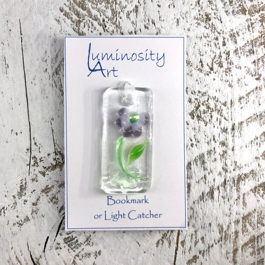 Glass Bookmark or Light Catcher with a Purple Flower