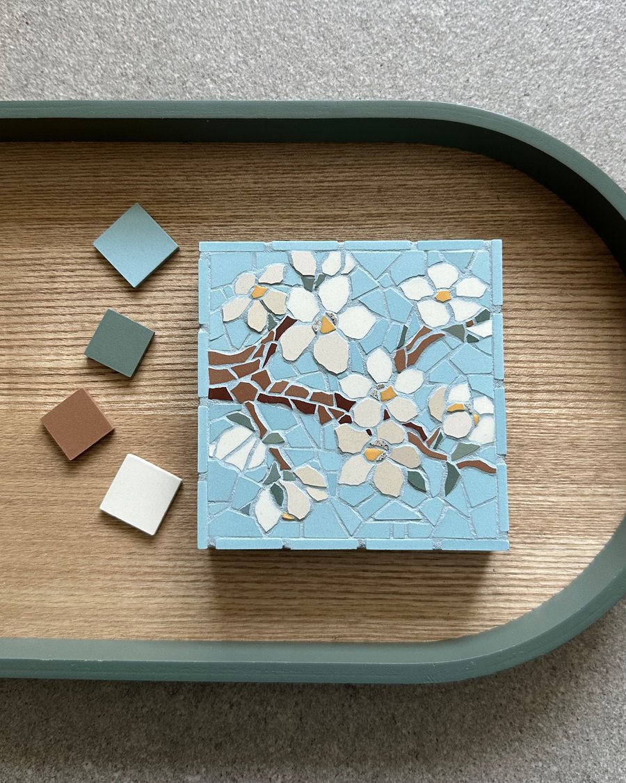 Mosaic Floral Art - Blossom Mosaic Wall Plaque in Turquoise 