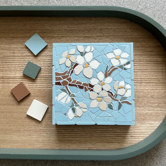 Mosaic Floral Art - Blossom Mosaic Wall Plaque in Turquoise 
