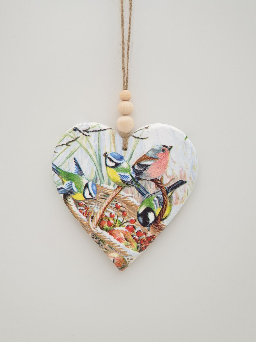 SECONDS SUNDAY SALE Garden birds hanging clay heart decoration bird lover gift  