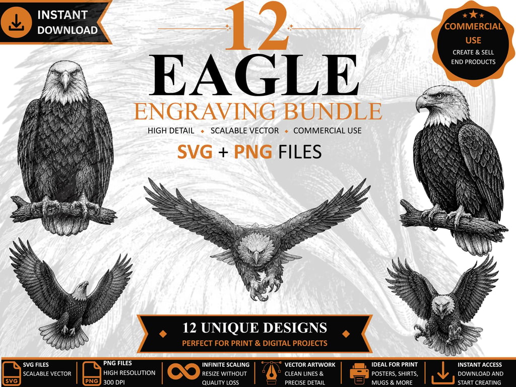 12 Vintage Eagle Engraving SVGs Wildlife Clipart Bundle (Digital Download)