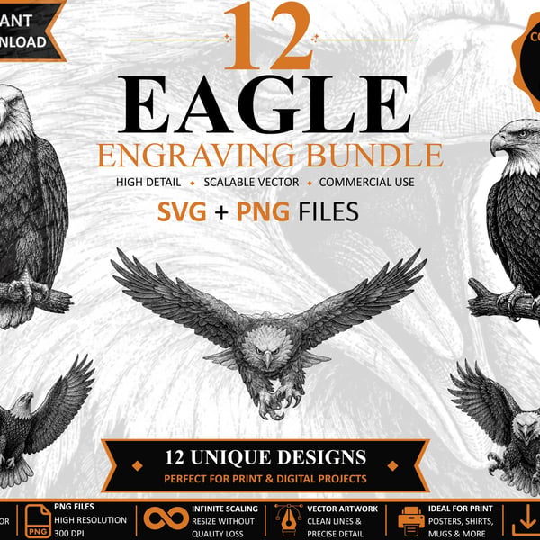 12 Vintage Eagle Engraving SVGs Wildlife Clipart Bundle (Digital Download)