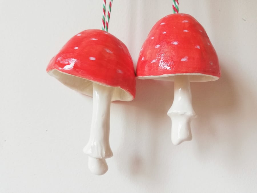 Ceramic bell mushroom red spotty handmade funghi decor with white spots