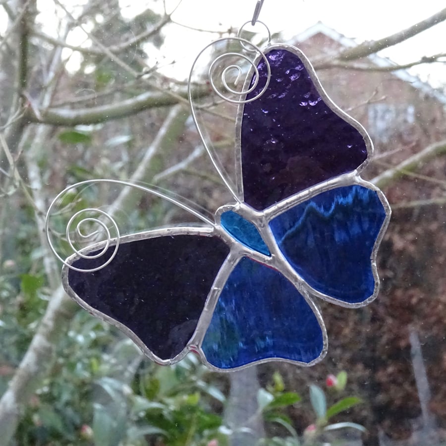 Stained Glass Butterfly Suncatcher - Handmade Decoration - Purple and Blue