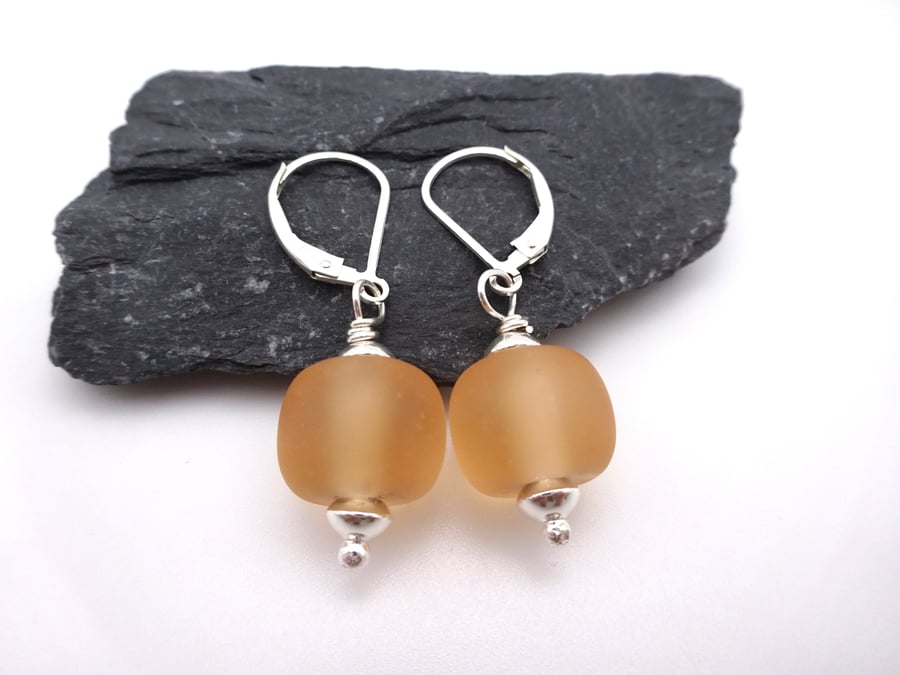 peach lampwork glass earrings, sterling silver lever back jewellery