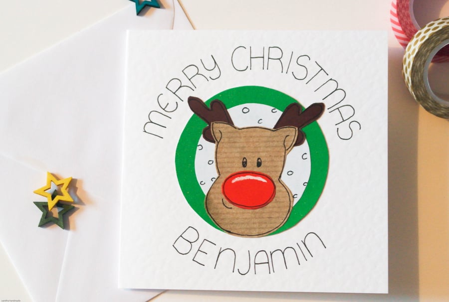Personalised reindeer Christmas card, Handmade Christmas card, rudolf xmas card