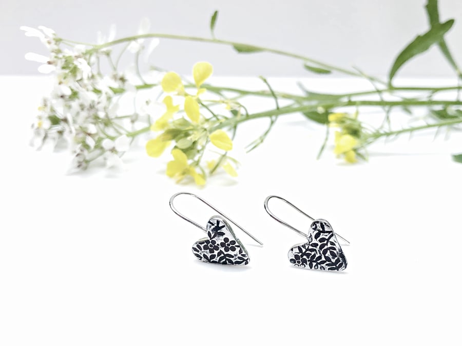 Silver Floral Heart Earrings - botanical - pretty jewellery - feminine earrings 