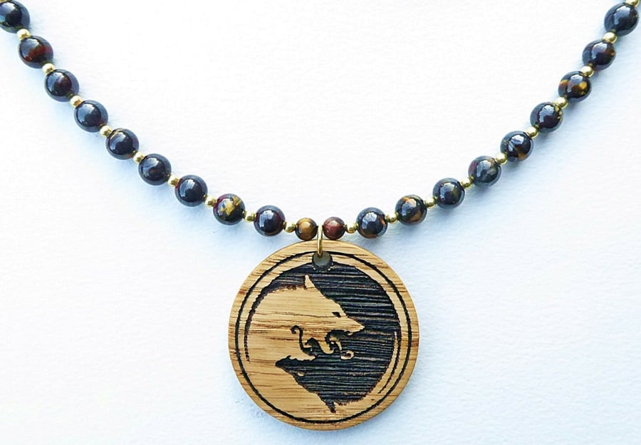 Yin Yang Wolf Necklace, Oak Wood Pendant with Tiger Iron