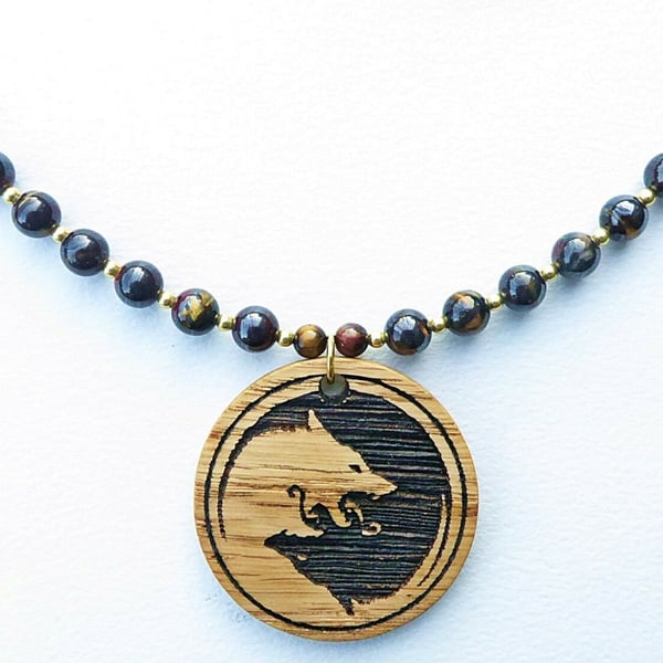 Yin Yang Wolf Necklace, Oak Wood Pendant with Tiger Iron