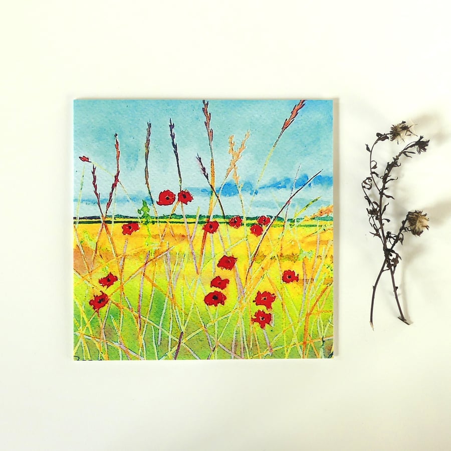 Poppy Flower Summer Fields Greeting Card from Original Watercolour Painting