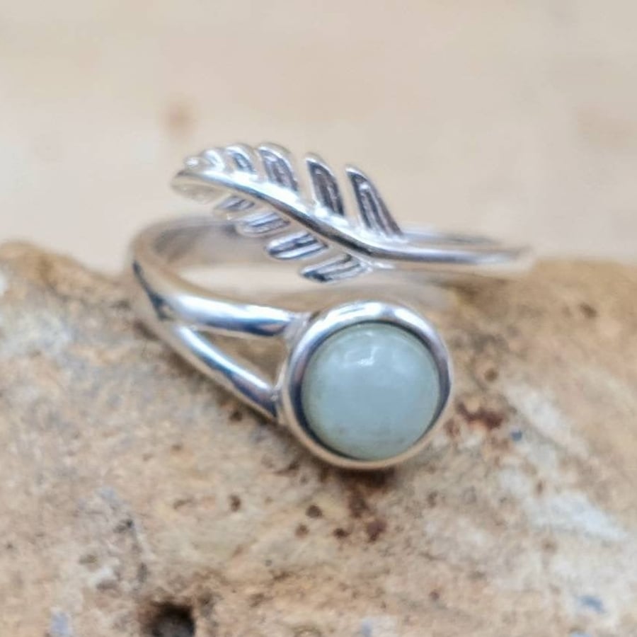 Aquamarine Feather ring. March Birthstone. Adjustable 925 sterling silver rings