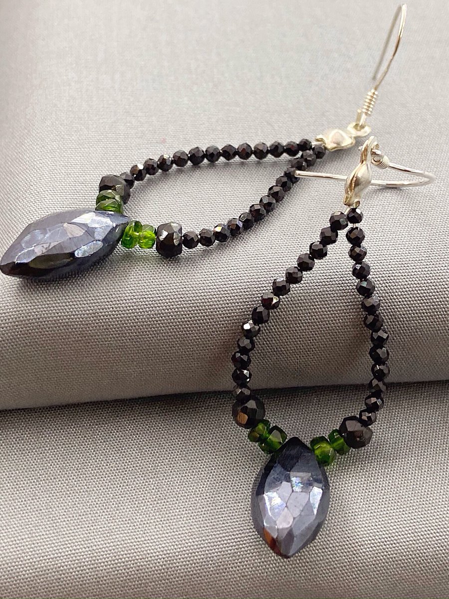 Black Spinel & Russian Diopside Sterling Silver Teardrop Marquise-Cut Earrings