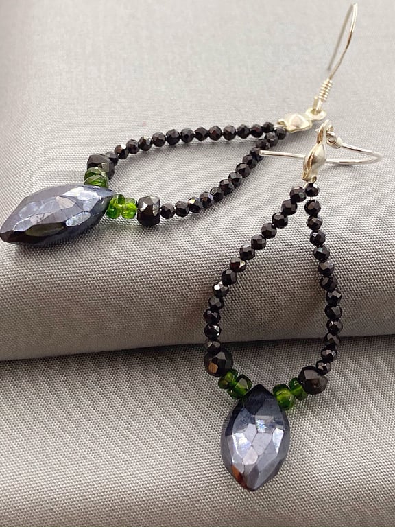 Black Spinel & Russian Diopside Sterling Silver Teardrop Marquise-Cut Earrings