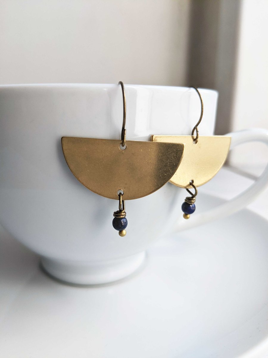 Golden Semi Circle earrings with blue Lapis Lazuli - deep blue stones and brass 