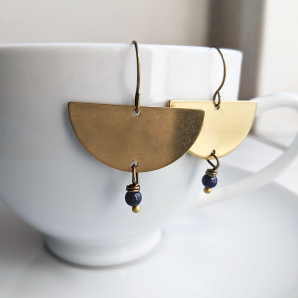 Golden Semi Circle earrings with blue Lapis Lazuli - deep blue stones and brass 