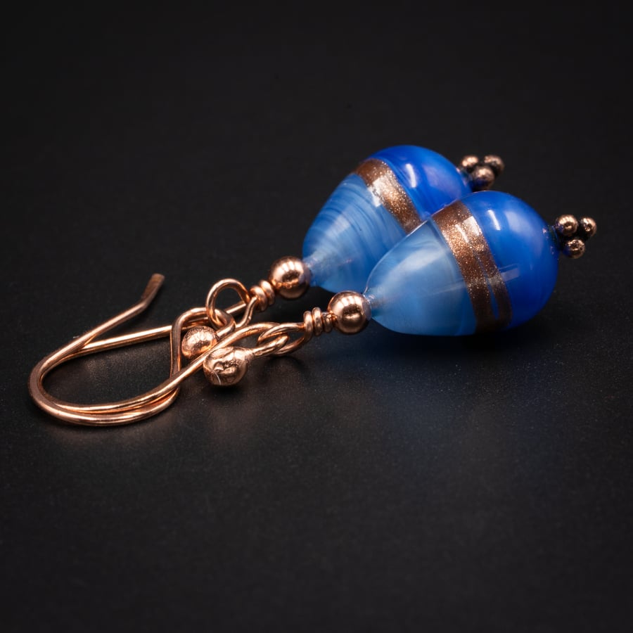Murano glass blue 2 tone handmade copper earrings