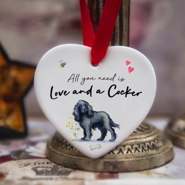 Love and a Cocker Black Ceramic Heart