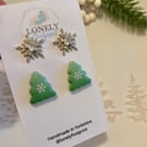 Christmas Tree and Snowflake Studs Polymer Clay Earrings - Handmade Jewellery 