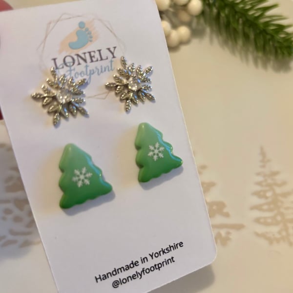 Christmas Tree and Snowflake Studs Polymer Clay Earrings - Handmade Jewellery 