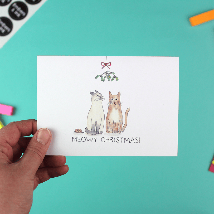 Meowy Christmas Card - 'Mistletoe' single with envelope