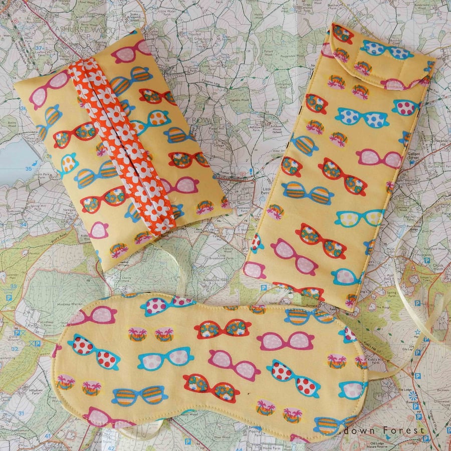 Travel set - Glasses case, tissue holder and eye mask yellow