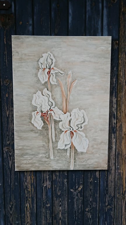 White iris painting on canvas with smokey watercolour background