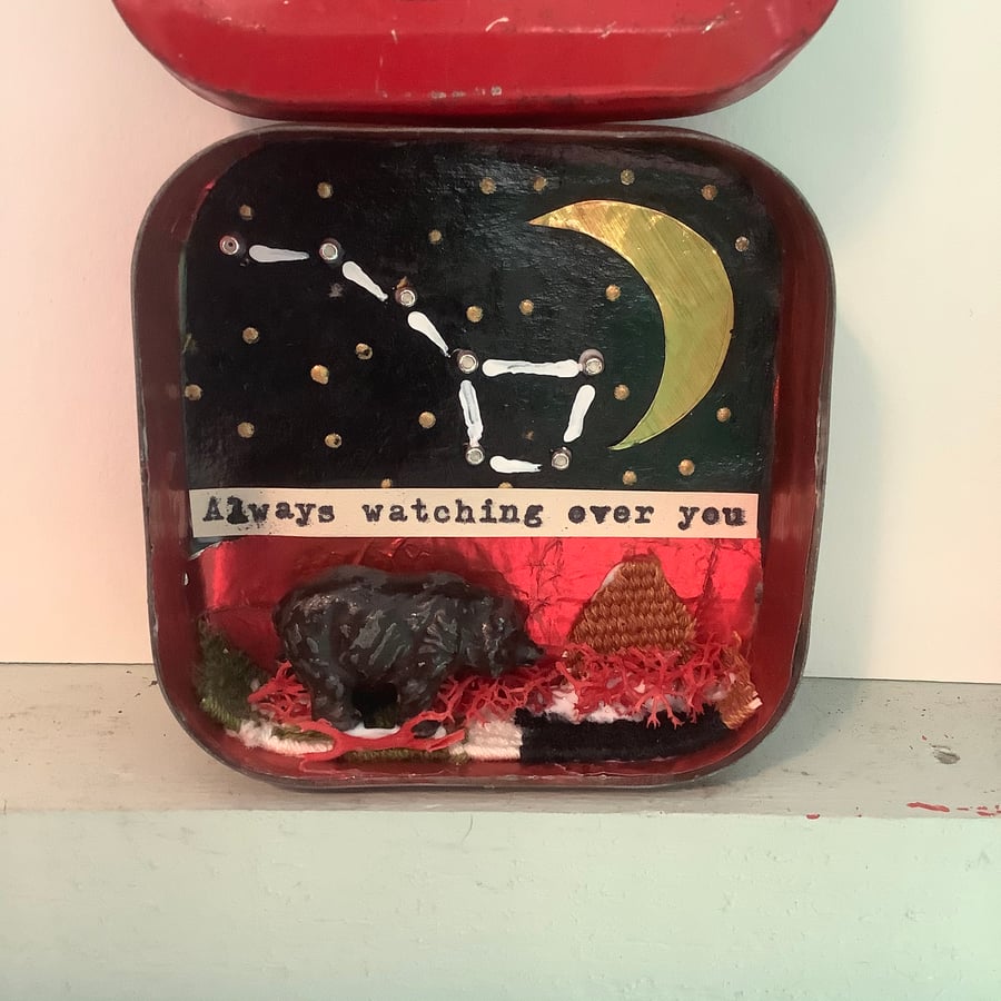 Vintage up cycled tin. Diorama. Bear. Star constellation. Night sky. Comfort 