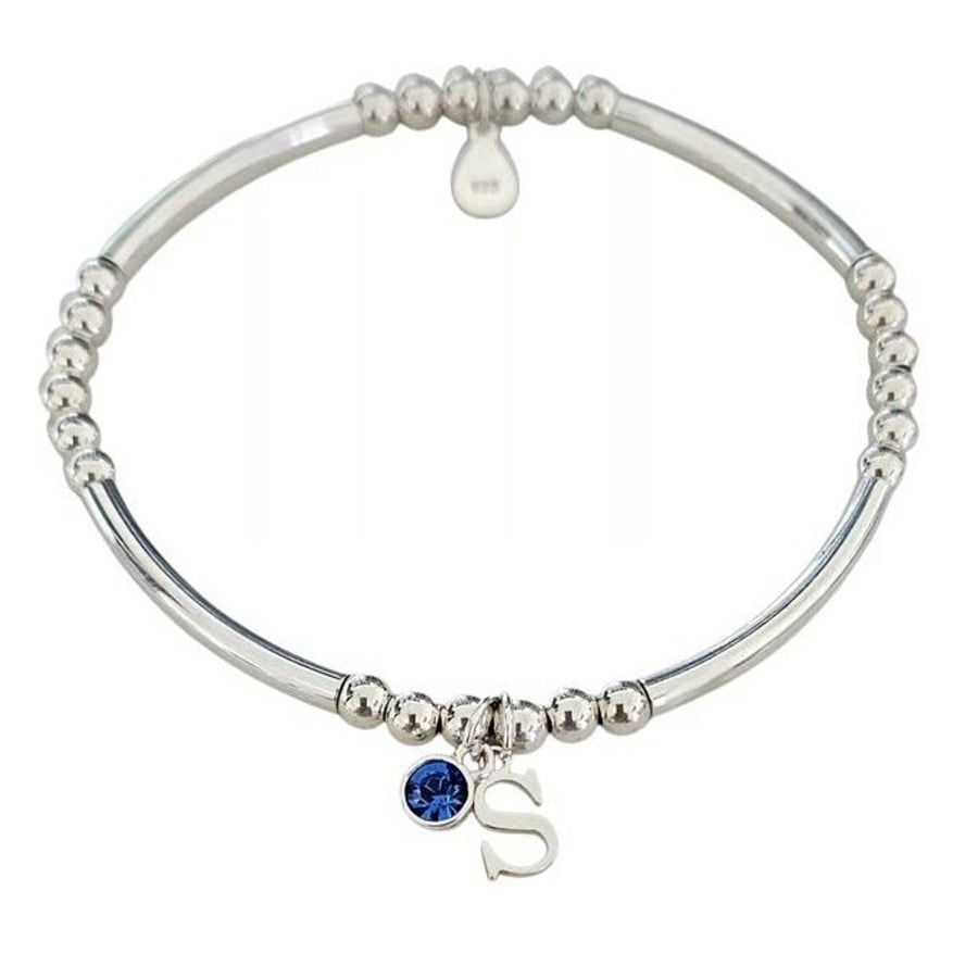 Sterling Silver Initial and Birthstone Stretch Bracelet 925