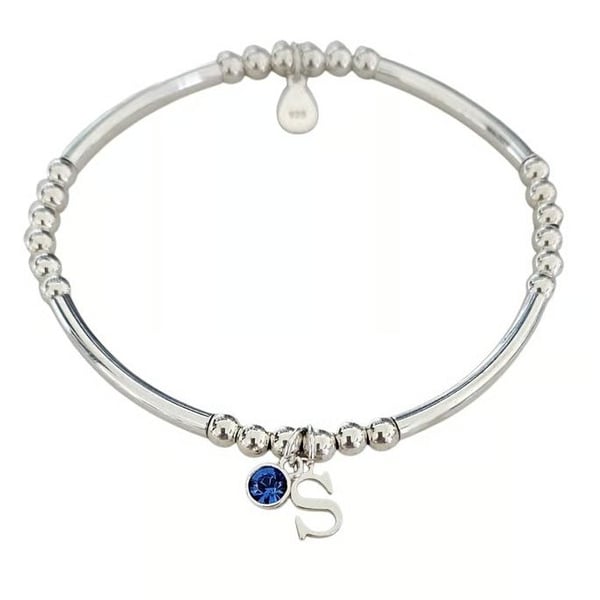 Sterling Silver Initial and Birthstone Stretch Bracelet 925
