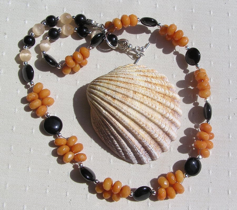 Black Onyx & Orange Jade Crystal Gemstone Statement Necklace "Mandarin"