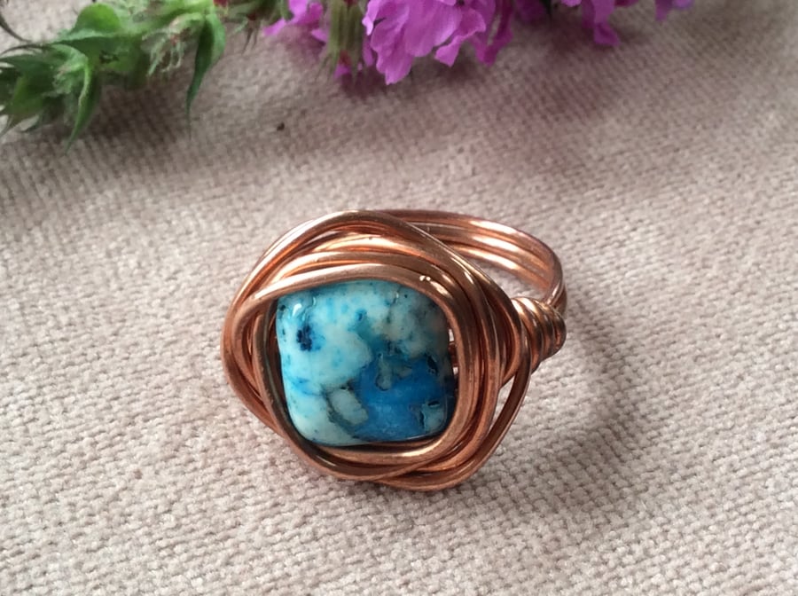 Crazy Lace Square Agate Wire Wrap Ring 