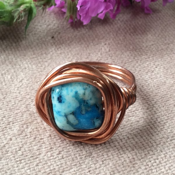 Crazy Lace Square Agate Wire Wrap Ring 