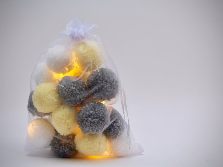 20 Pom Pom Fairy Lights - in Grey, lemon and white.