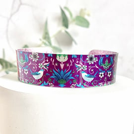 Cuff bracelet, purple William Morris bangle with birds. Seconds sunday. B549-PU