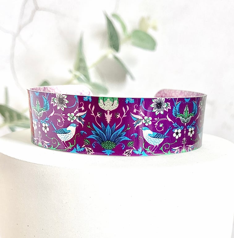 Cuff bracelet, purple William Morris birds bangle. Perfectly imperfect. 549PU