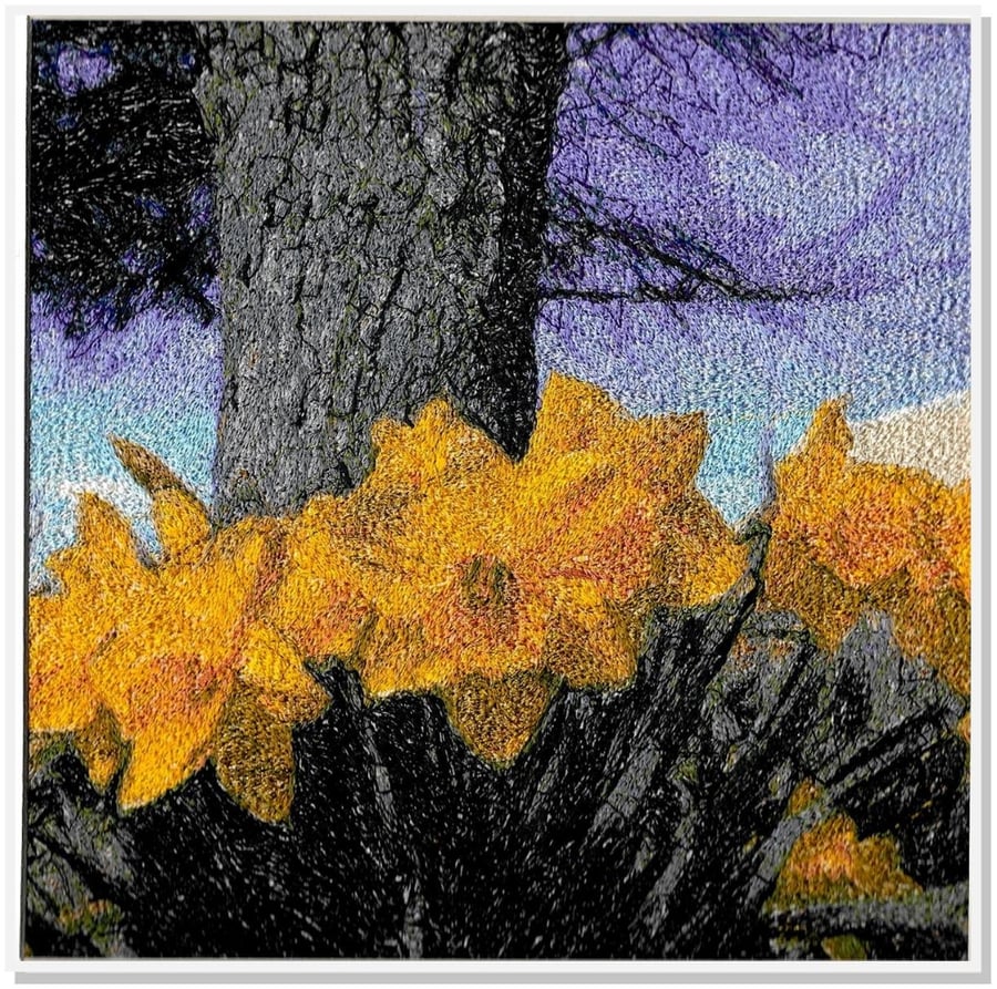 Daffodils.  A beautiful, mounted, unframed, machine embroidered work of art.