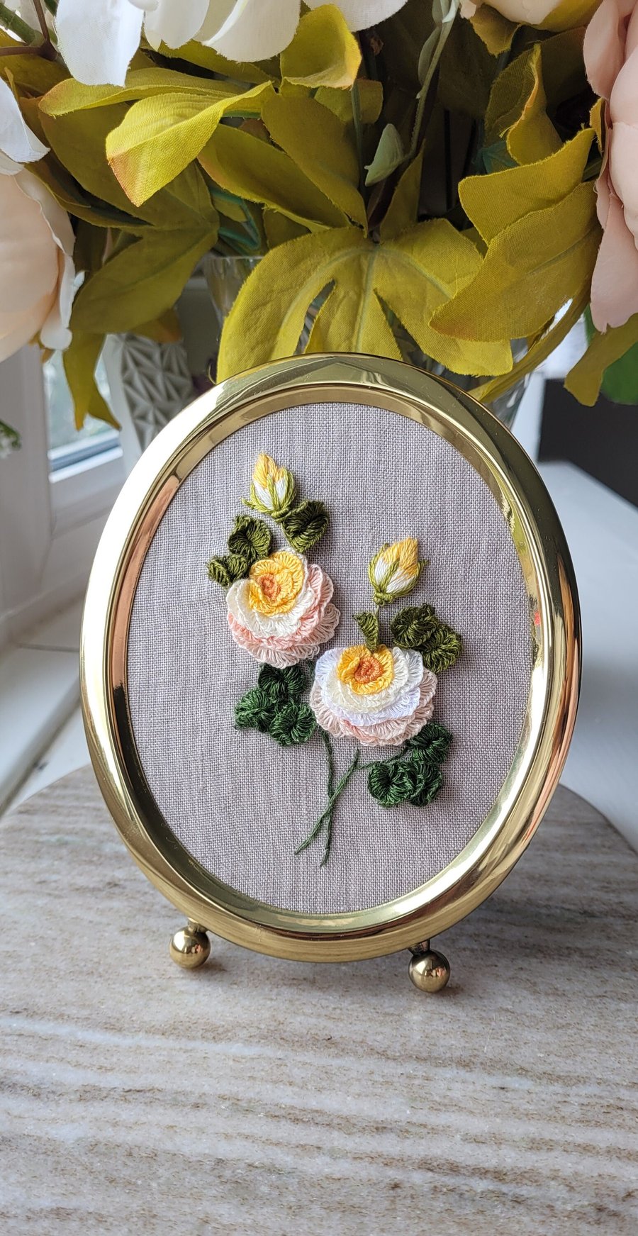 roses 3D framed embroidery art, framed yellow roses, home decor, gift for mum