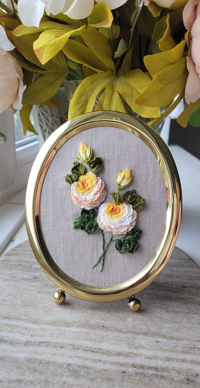 roses 3D framed embroidery art, framed yellow roses, home decor, gift for mum